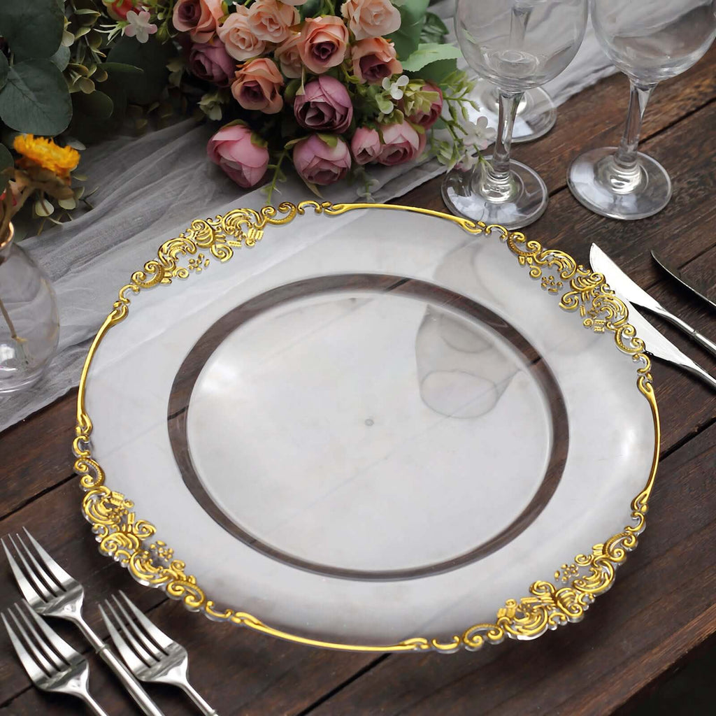 6-Pack Acrylic Charger Plates 13" Round Clear with Gold Embossed Baroque Rim - Antique Decorative Dinner Tableware