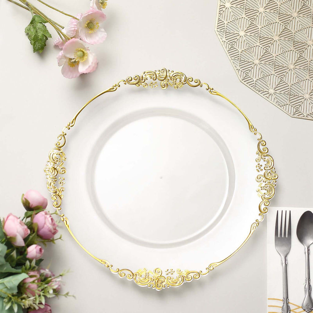 6-Pack Acrylic Charger Plates 13" Round Clear with Gold Embossed Baroque Rim - Antique Decorative Dinner Tableware